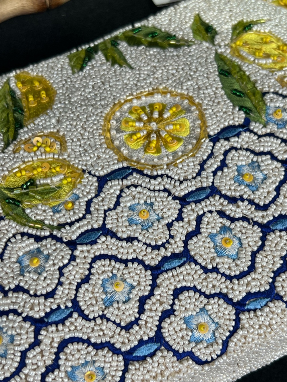 Viral Beaded Lemon Embroidered Clutch with Bamboo Handle Yellow & Cream Italian - Picture 6 of 7